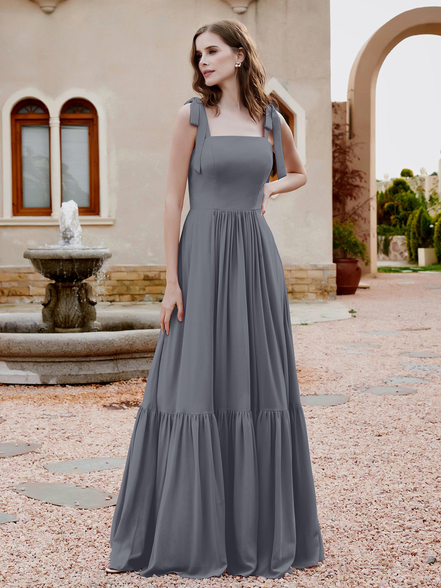 Square Neckline Ruched Chiffon Floor-length Dress Steel Grey